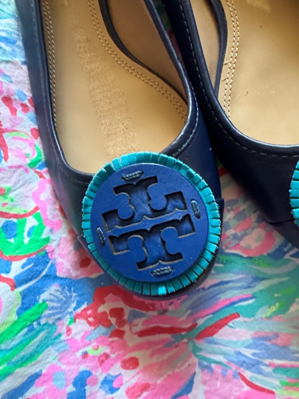 Tory Burch Navy Leather Ballet Flats with Turquoise Logo Disc - Picture 5 of 6